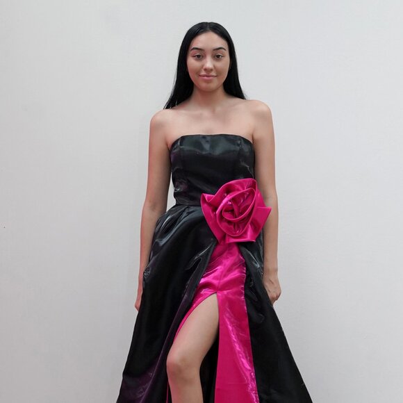 New Strapless Organza Maxi Ball Gown w/ Rose Accent & Charming Leg Slit JT2733H - Picture 1 of 8
